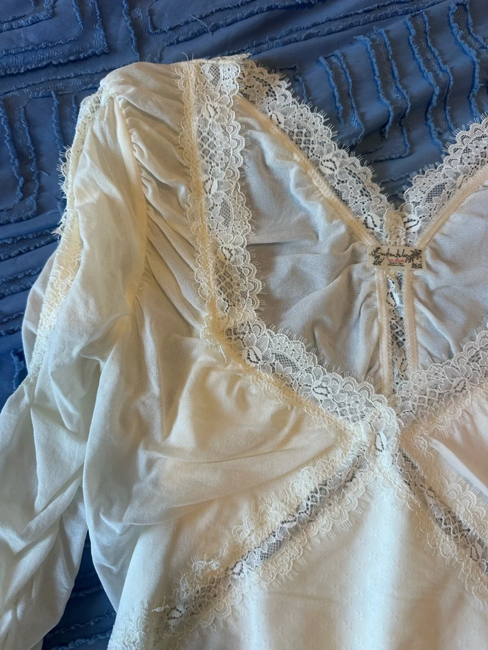 Free People Ivory Lace-Trim Long Sleeve Bodysuit
